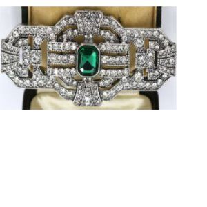 Art Deco style  1 big green center  stone and Rhinestones set in silver metal